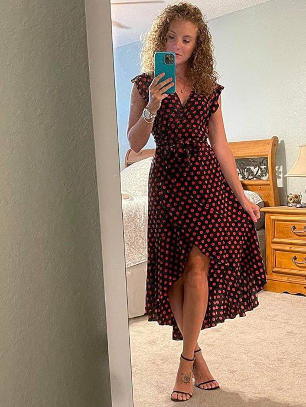 Black Faux Wrap Dress with Red Polka Dots